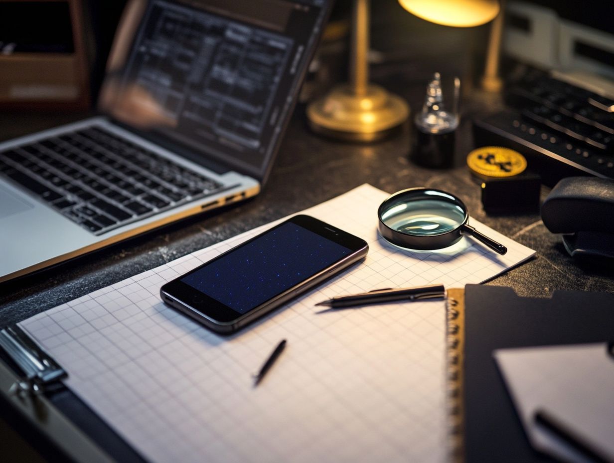 An illustration of the process of cell phone forensics, showcasing data recovery techniques and mobile devices